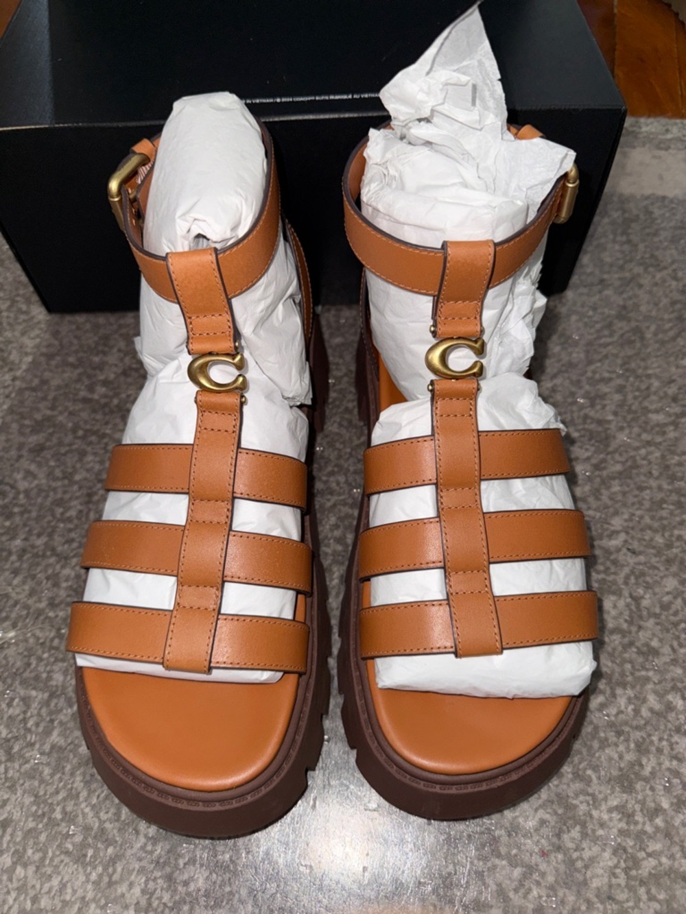 Coach Brown Leather Platform Gladiator Sandals with Gold-Tone Hardware - Picture 10 of 10